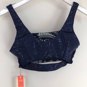 Maaji Woman’s Sports Top in Navy and Paisley reversible Shimmer Cheetah